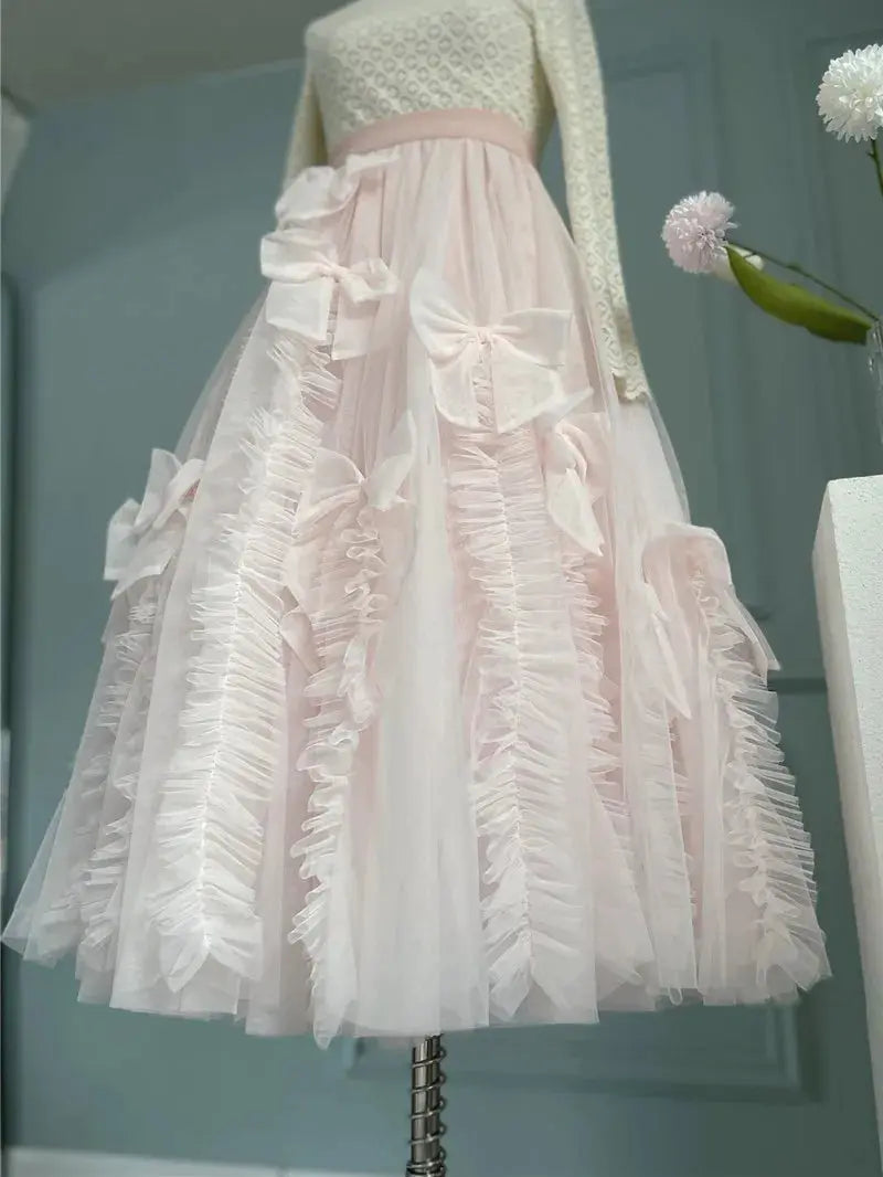 High-End Mesh Long Skirt Handmade Bow Gauze Skirt Fairy High Waist Slimming Umbrella Skirt Designer Model Skirt Evening Dresses eprolo