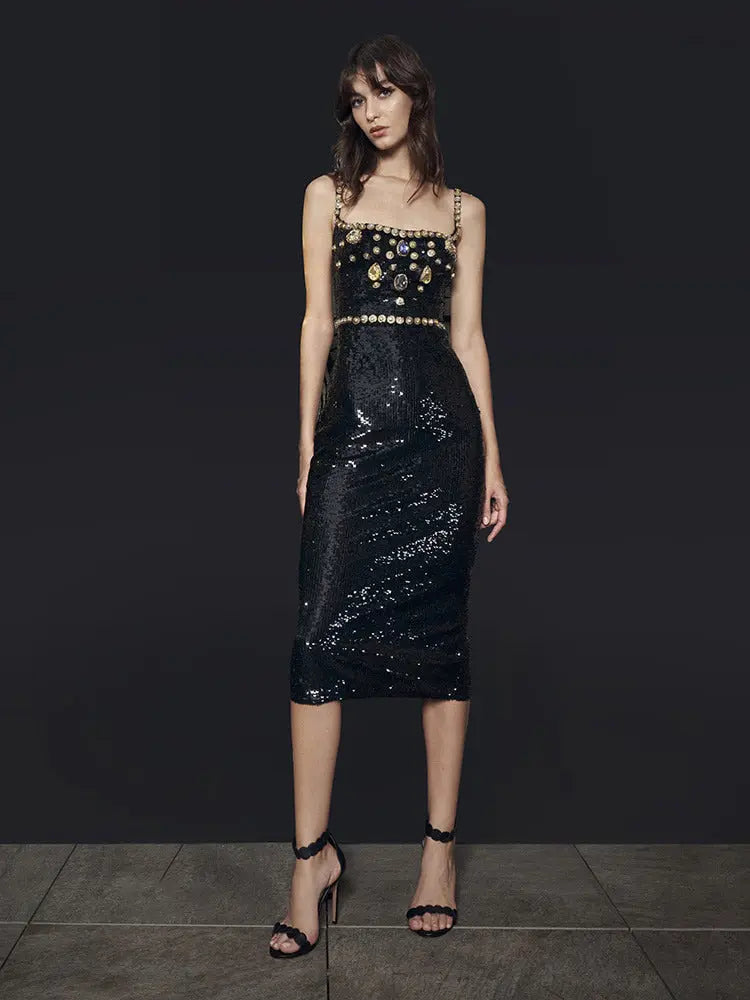 Black Evening Dinner Dress Women Elegant Square Collar Crystal Sequins Spaghetti Strap Dresses eprolo