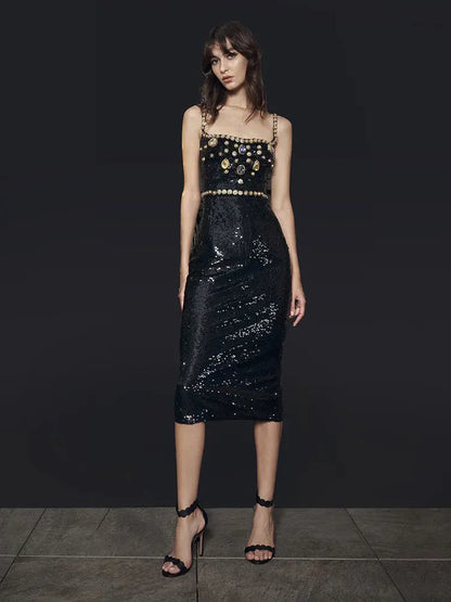 Black Evening Dinner Dress Women Elegant Square Collar Crystal Sequins Spaghetti Strap Dresses eprolo