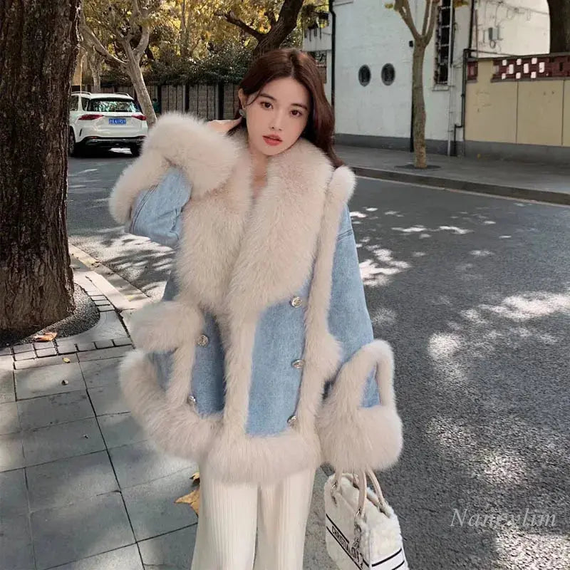 Denim Fur Splicing Coat Women's Environmental Protection Imitation Fox Fur Winter Overcoats New Popular Mid-Length Coats eprolo