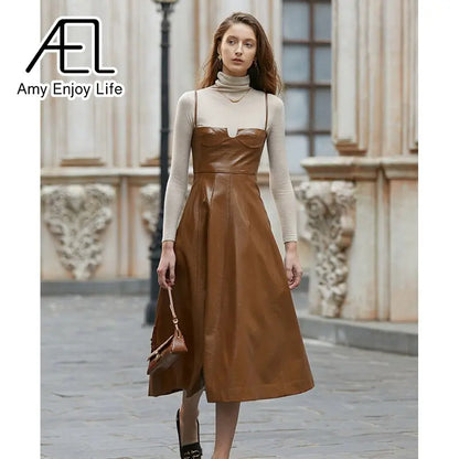 Premium Sense Of Modern Retro Chic High Waist Temperament Slim Halter Leather Lining Dress eprolo