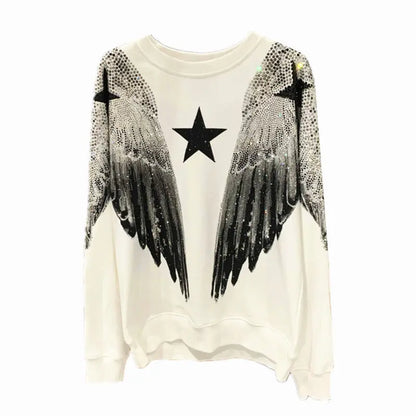 Autumn and winter luxury fashion hoodie for men and women, heavy-duty hot stamping, full diamond, large wings, wings, round neck pullover, couple style eprolo