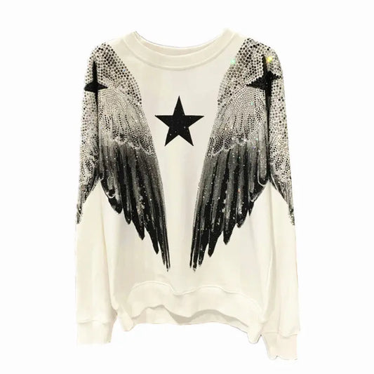 Autumn and winter luxury fashion hoodie for men and women, heavy-duty hot stamping, full diamond, large wings, wings, round neck pullover, couple style eprolo