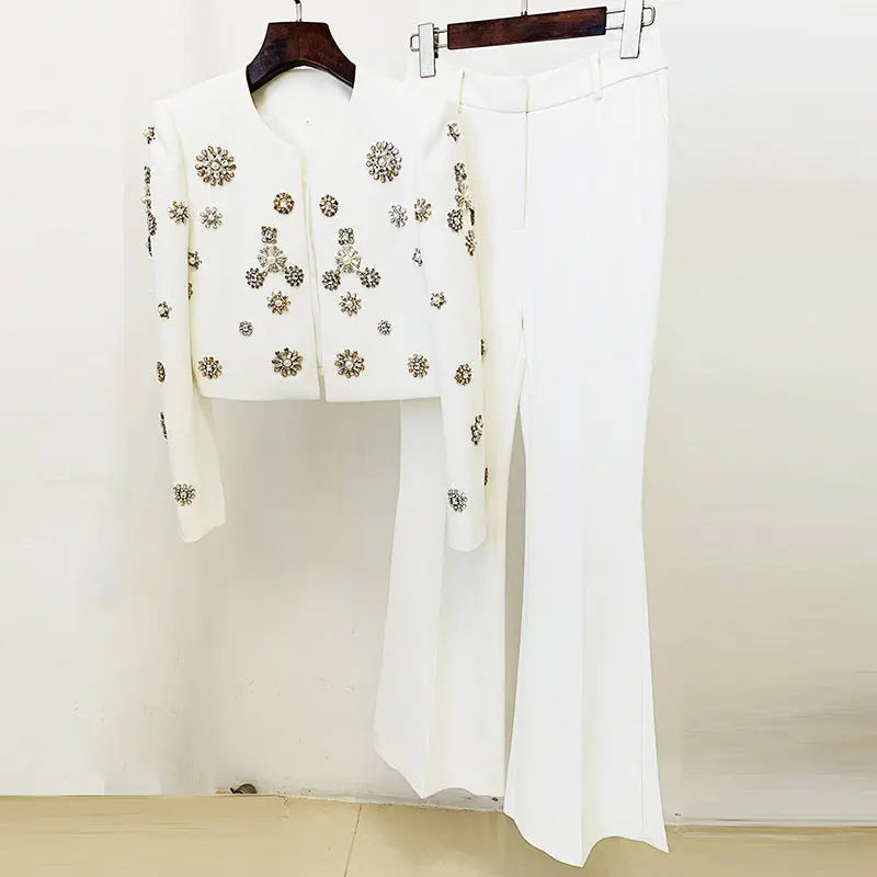 European and American fashion round neck heavy industry nail bead short jacket jacket, split flared pants set eprolo