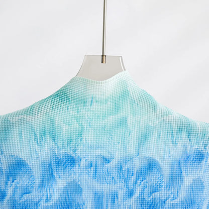 Printed Wave Pleated 2 Pieces Set Women's Turtleneck Long Sleeves Slim Tops High Wasit Fold Skirts Female eprolo