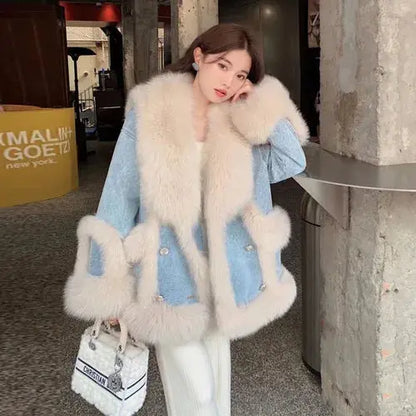 Denim Fur Splicing Coat Women's Environmental Protection Imitation Fox Fur Winter Overcoats New Popular Mid-Length Coats eprolo