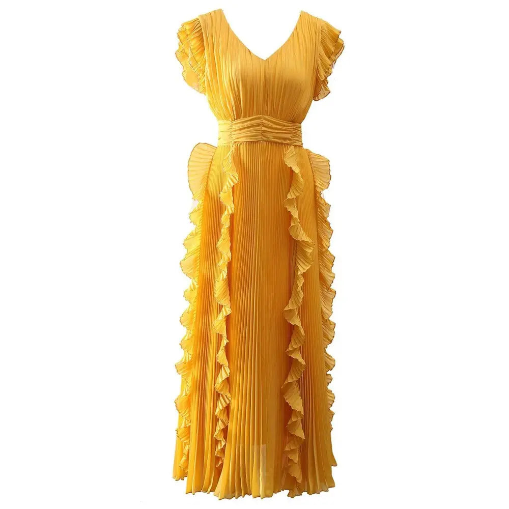 Women's V-neck Qiaoqi pleated wood ear patchwork yellow banquet dress long skirt eprolo