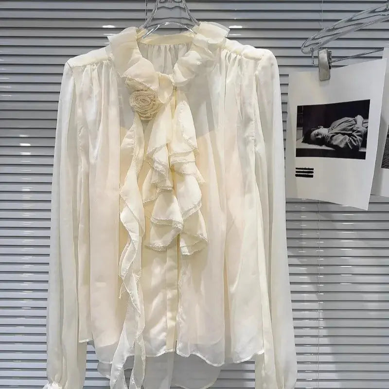 Autumn New Blusas Mujer Three-Dimensional Flower Pleated Lace Elegant Chiffon Blouse Solid Color Shirt For Women's Clothes eprolo