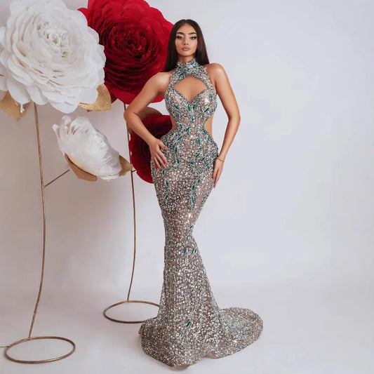 Colorful Diamond Decorated Fitted Round Neck Halter Bodycon Party Dress eprolo