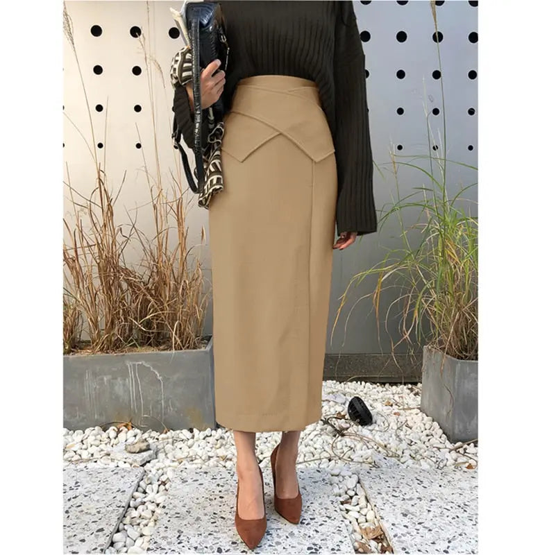 Gray fashion leather skirt female autumn and winter khaki white high waist one step skirt package hip half-length long skirt eprolo