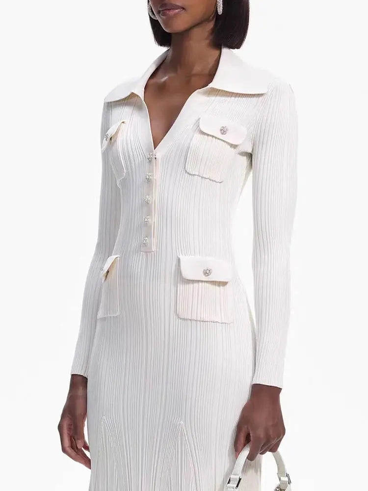 Ivory fishtail maxi dress delicate and elegant ribbed knit long sleeve stretch slim wrap Womens dresses  spring new eprolo