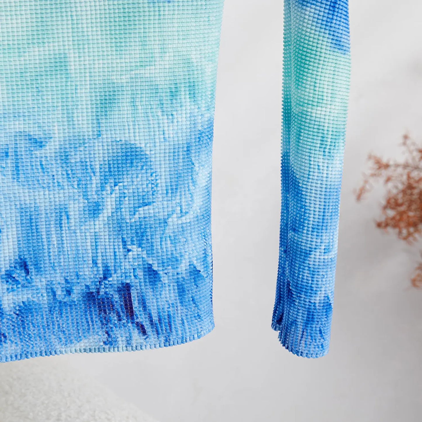 Printed Wave Pleated 2 Pieces Set Women's Turtleneck Long Sleeves Slim Tops High Wasit Fold Skirts Female eprolo