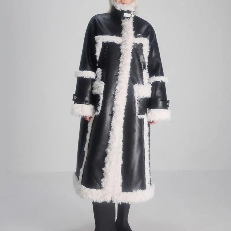 Women's Lamb Wool Splicing Trench Lapel Single Breasted Mid-ccalf Full Sleeve Black Suede Windbreak eprolo