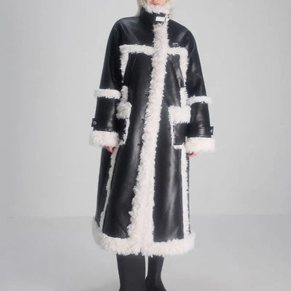 Women's Lamb Wool Splicing Trench Lapel Single Breasted Mid-ccalf Full Sleeve Black Suede Windbreak eprolo