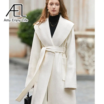 Retro Large Lapel White Tweed Jacket Female Winter New Waist Lacing Tweed Coat eprolo