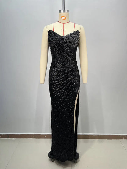 Spring and Summer New Women's Off-the-Shoulder Sequined Sexy Evening Dress Halter Sequined Sleeveless Party Dress Long Skirt eprolo