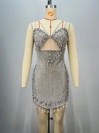 Fashionable Backless Strapless Fitted Mesh Beaded Casual Mini Bodycon Dress for Women eprolo