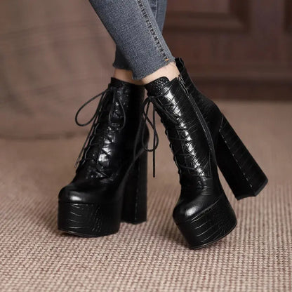 Elegant Mature Women Ankle Boots Cross-Tied Platforms Genuine Leather High Heels Party Office Autumn Winter Shoes eprolo