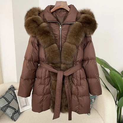 Hooded down jacket women's fox fur collar eprolo