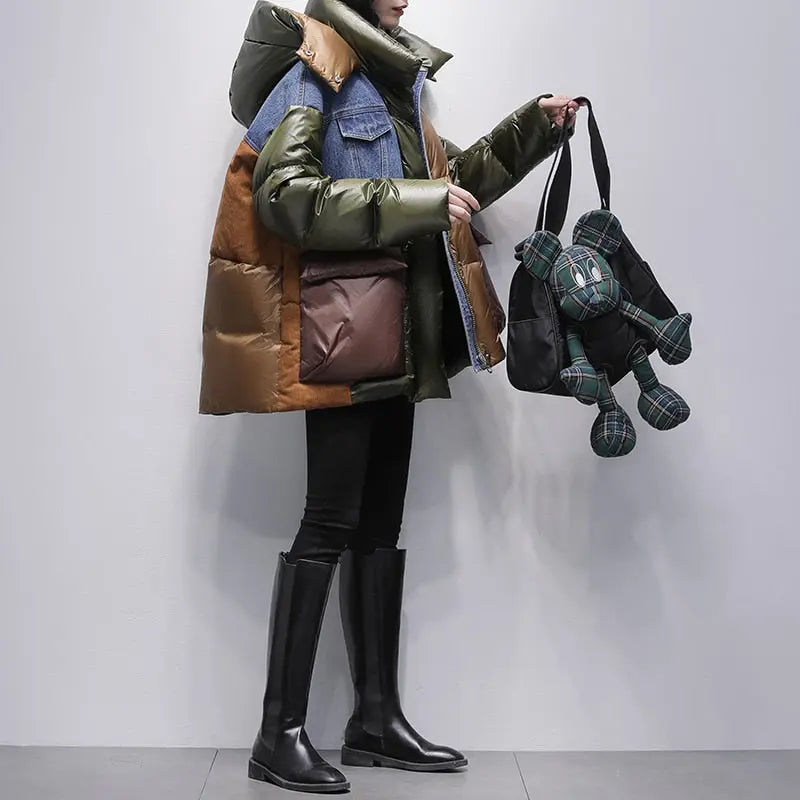 Contrasting Color Denim Stitching Down Jacket Women's Mid Length Winter New Hooded Loose Thin Thickening Trend Coat eprolo