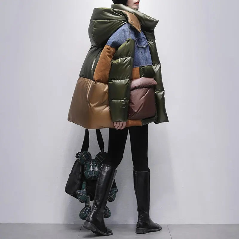 Contrasting Color Denim Stitching Down Jacket Women's Mid Length Winter New Hooded Loose Thin Thickening Trend Coat eprolo