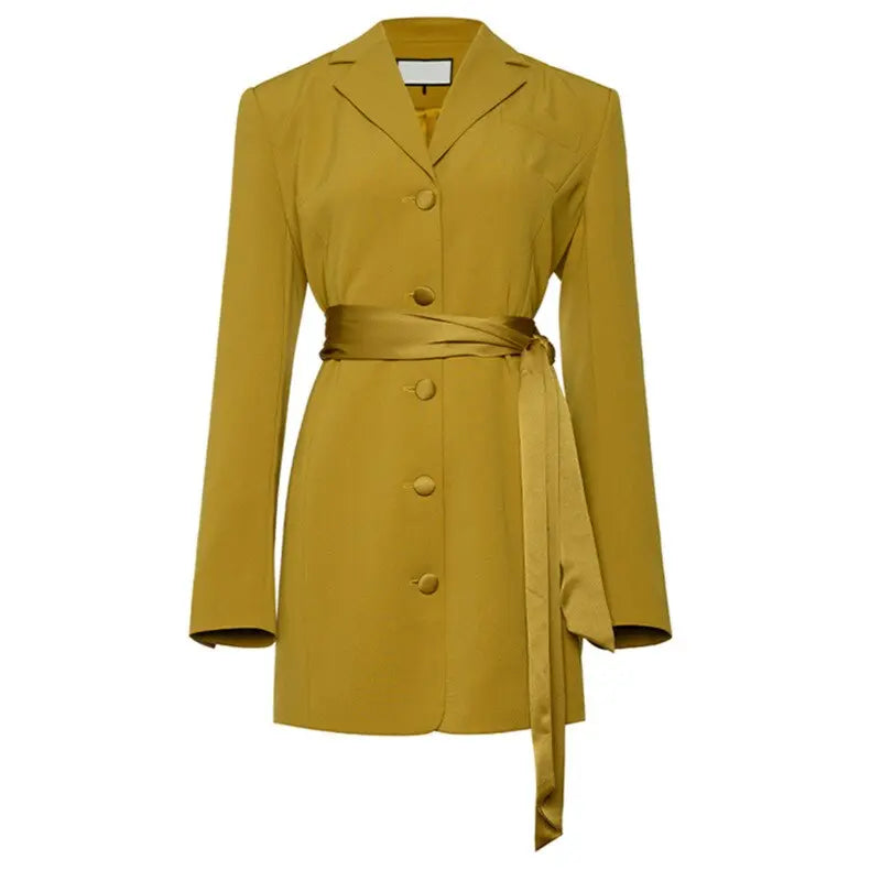 Women Yellow Belted Big Size Elegant Blazer Dress New Lapel Long Sleeve Loose Fit Fashion Spring Autumn eprolo