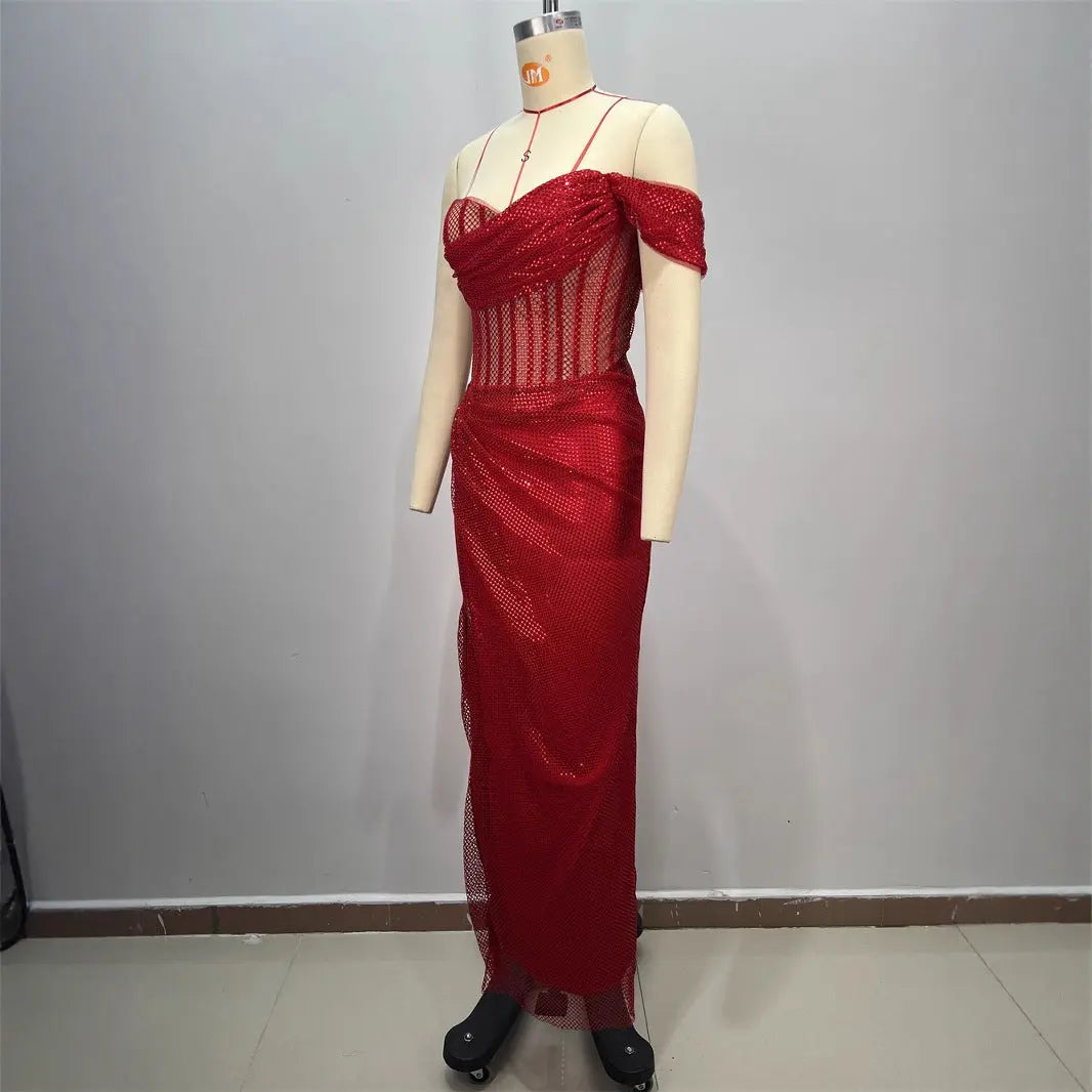 Sexy Strapless One-Shoulder Ruched Slit Long Fitted Bodycon Dress eprolo