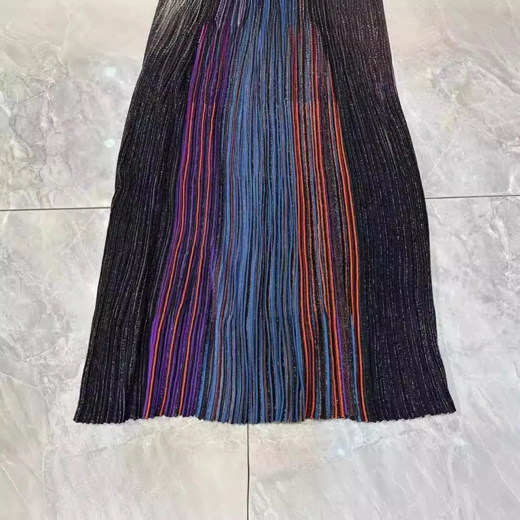 Nanyou Summer Gradient Color Striped Long Skirt Temperament Commuting Pleated Skirt Waist Knitted Elastic Dress eprolo