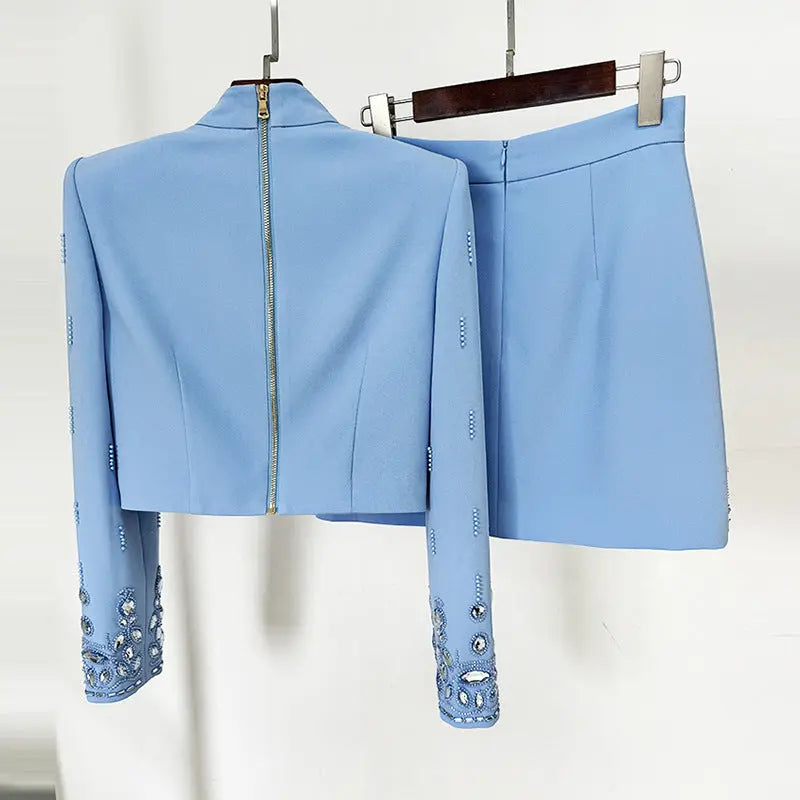 European and American fashion new heavy industry nail bead inlaid diamond short top half skirt set two-piece set eprolo