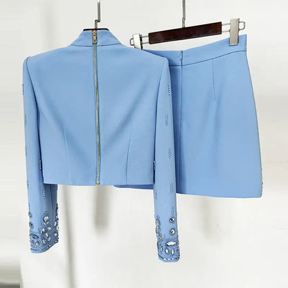 European and American fashion new heavy industry nail bead inlaid diamond short top half skirt set two-piece set eprolo