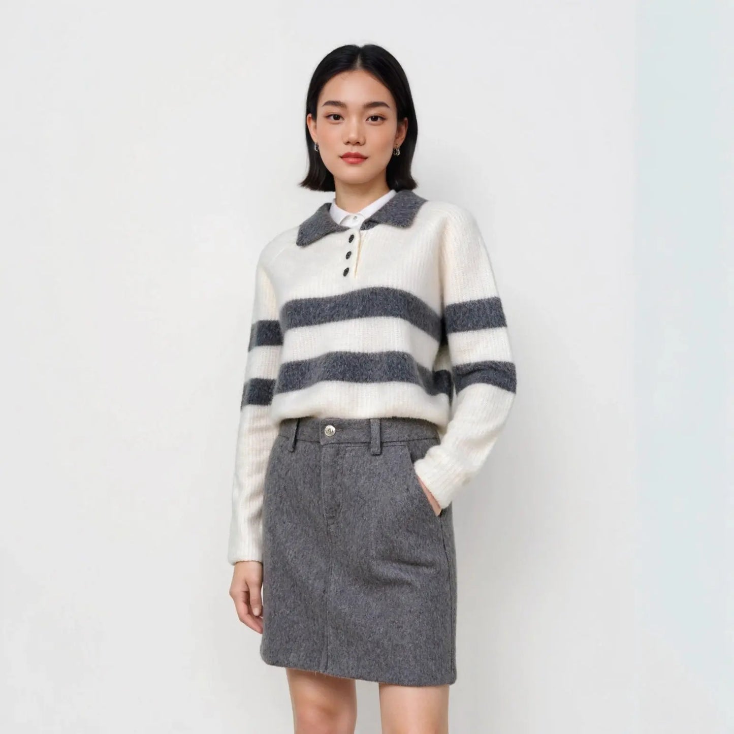 Polo Collar Striped Colorblock Wool Fleece Sweater Women's Loose Fit All-Match Crew Neck Knit Top eprolo