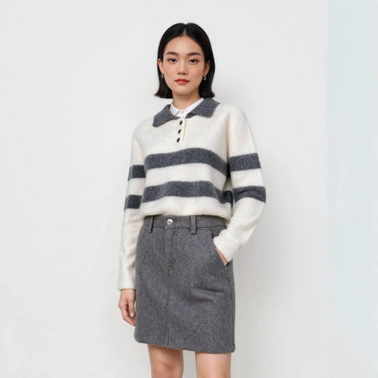 Polo Collar Striped Colorblock Wool Fleece Sweater Women's Loose Fit All-Match Crew Neck Knit Top eprolo