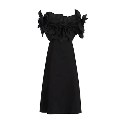 French Sexy One-Shoulder Dress with Floral Patchwork and Waist-Cinching Long Length eprolo