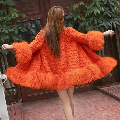 Europe and America women Mongolia Sheep fur sleeve and hem ladies loose outwear Genuine fur coat fashion New fur jacket eprolo