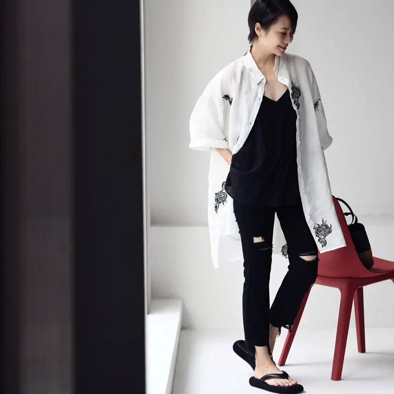 Literature And Art Simple Plaid Printing Pony Embroidery Loose Medium Long Short Sleeve Shirt For Women eprolo