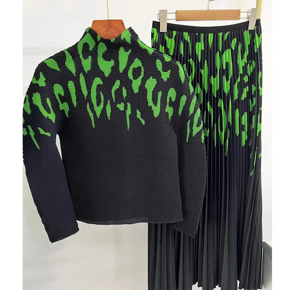 Long Halfskirt Set Women's Fashion Women's Spring New Long Sleeve Pleated T-shirt Pleated Skirt Two Piece Set eprolo