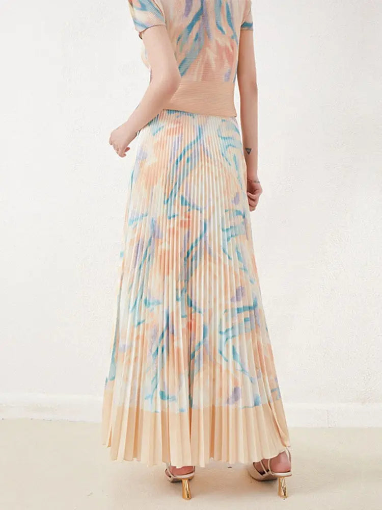 Two Pieces Pleated Set Women Turtleneck Short Sleeve T Shirt Long Loose Skirts Retro Sets Female Elegant Clothing eprolo