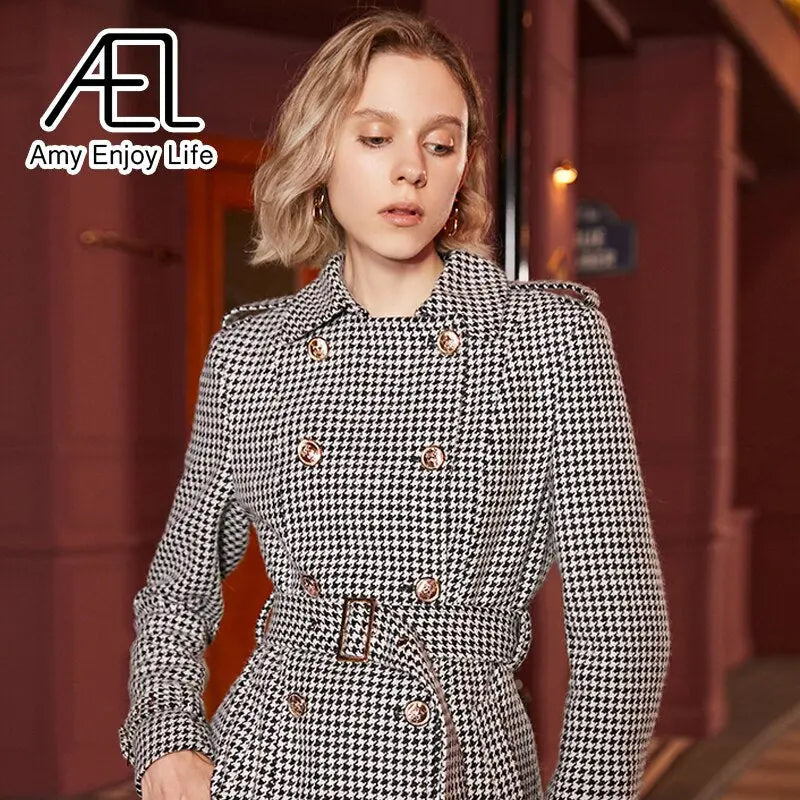 Winter Wool Long Coat Women Retro Houndstooth A-Line Trench Coats eprolo