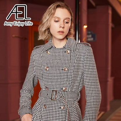 Winter Wool Long Coat Women Retro Houndstooth A-Line Trench Coats eprolo