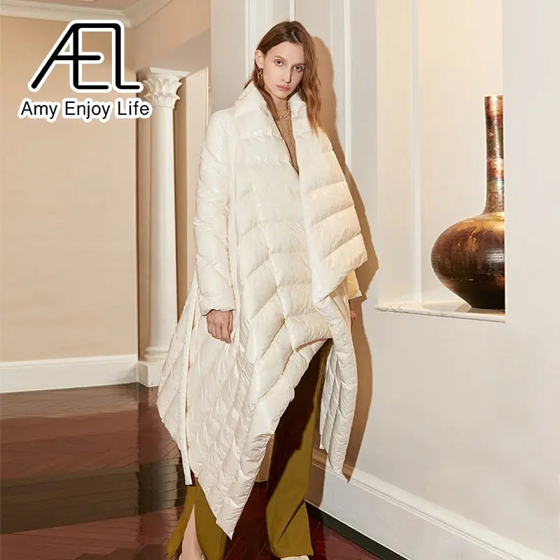 AEL Belt Down Jacket Women Winter Irregular Long Coat Fashion Parka Lady Streetwear High Quality eprolo