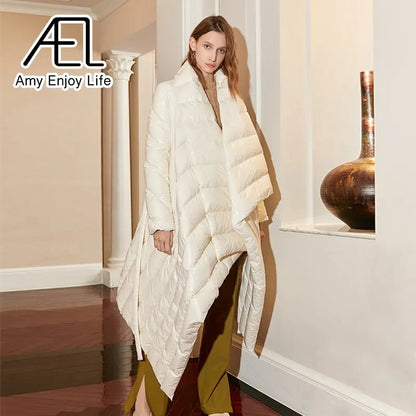 AEL Belt Down Jacket Women Winter Irregular Long Coat Fashion Parka Lady Streetwear High Quality eprolo