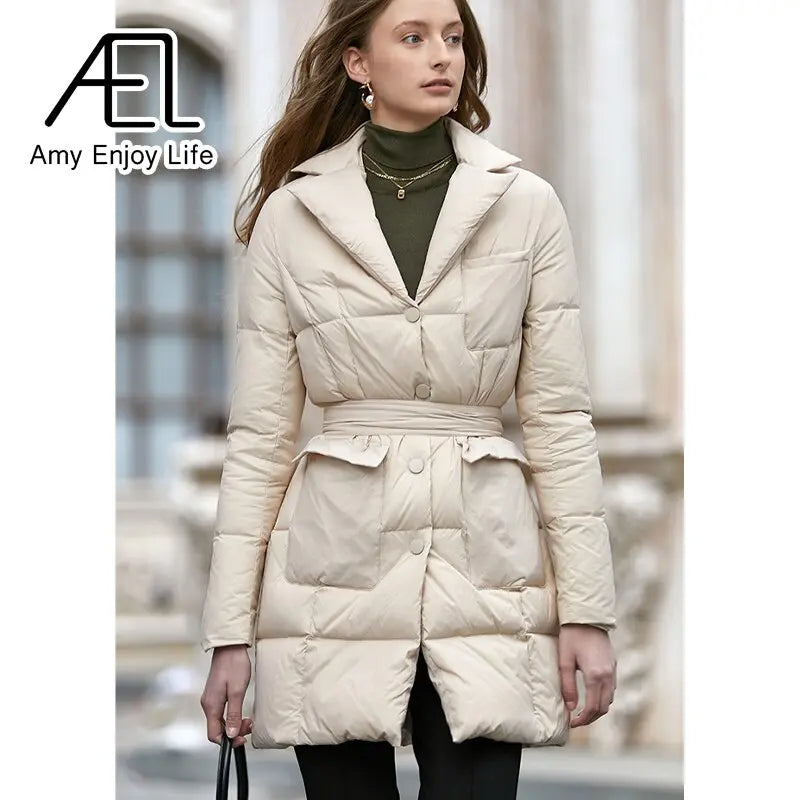 Medium Length Temperament Slim Down Jacket Women's New Suit Collar Waist Cotton Jacket eprolo
