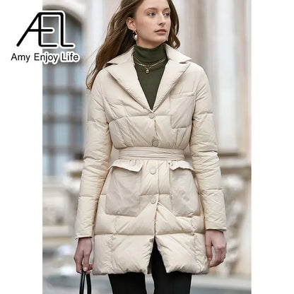 Medium Length Temperament Slim Down Jacket Women's New Suit Collar Waist Cotton Jacket eprolo