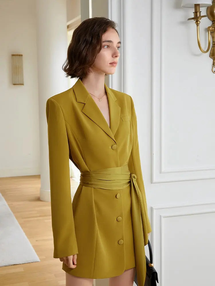Women Yellow Belted Big Size Elegant Blazer Dress New Lapel Long Sleeve Loose Fit Fashion Spring Autumn eprolo