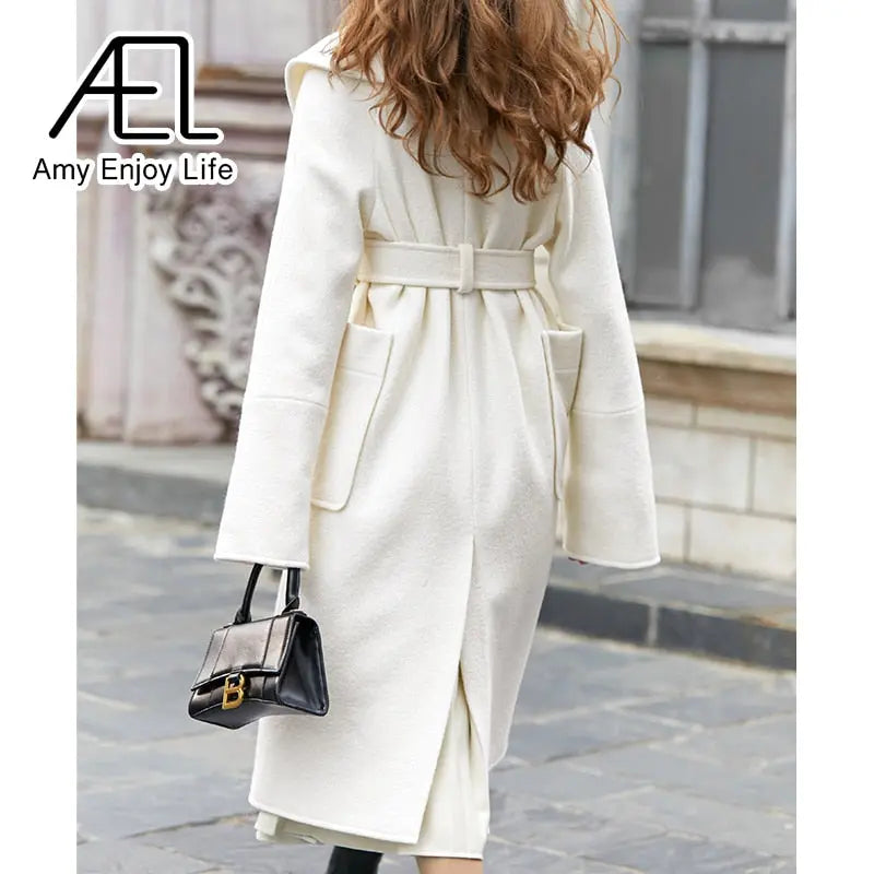 Retro Large Lapel White Tweed Jacket Female Winter New Waist Lacing Tweed Coat eprolo