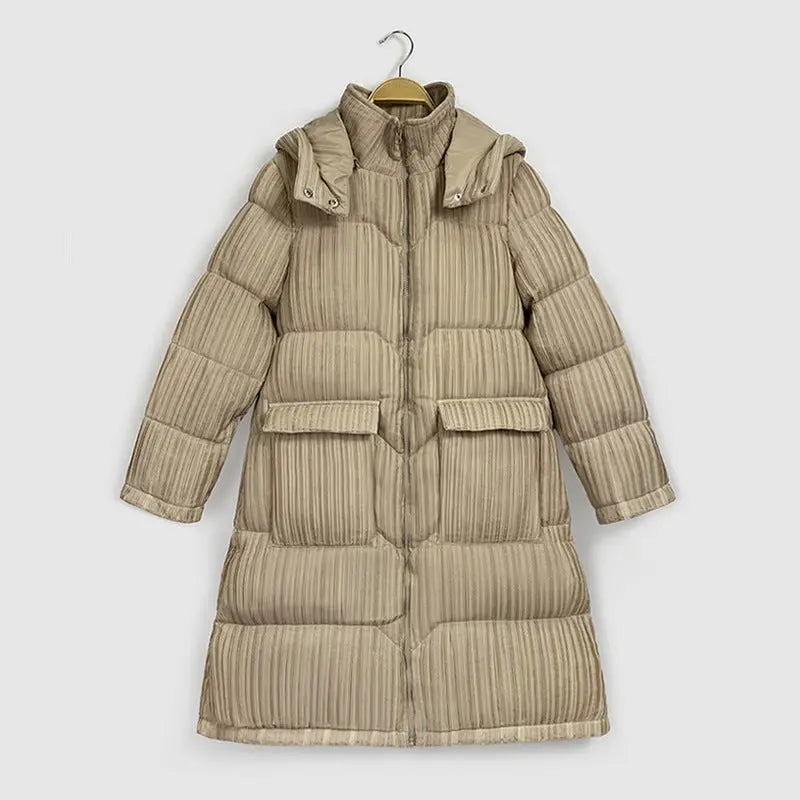 Women's Mid-Length Knee-Length Korean Style Hooded Down Jacket with White Duck Down Collar eprolo