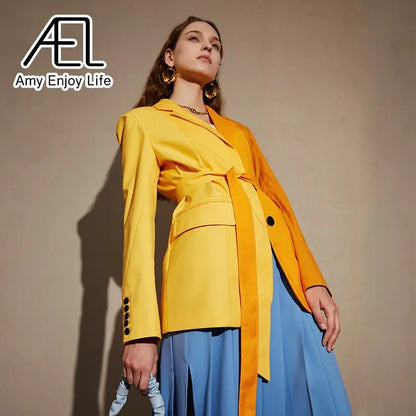 AEL Yellow Blazer Jacket Causal Women Long-Sleeve Loose Coat Color Blocking Fashion Streetwear eprolo