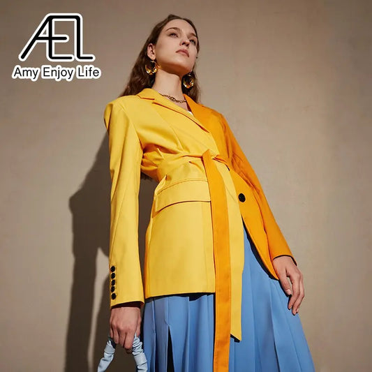 AEL Yellow Blazer Jacket Causal Women Long-Sleeve Loose Coat Color Blocking Fashion Streetwear eprolo