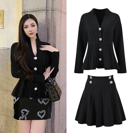 Elegant temperament, cinched waist for slimming, V-neck, crystal buckle, ruffled hem, cardigan jacket+elastic waist half skirt set eprolo