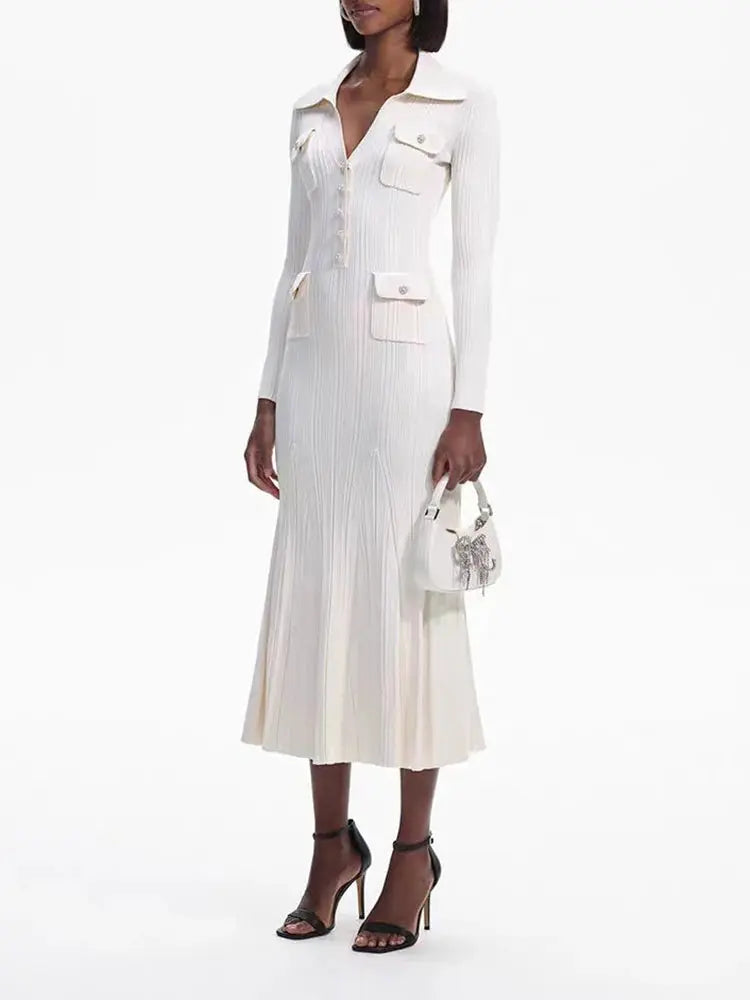 Ivory fishtail maxi dress delicate and elegant ribbed knit long sleeve stretch slim wrap Womens dresses  spring new eprolo